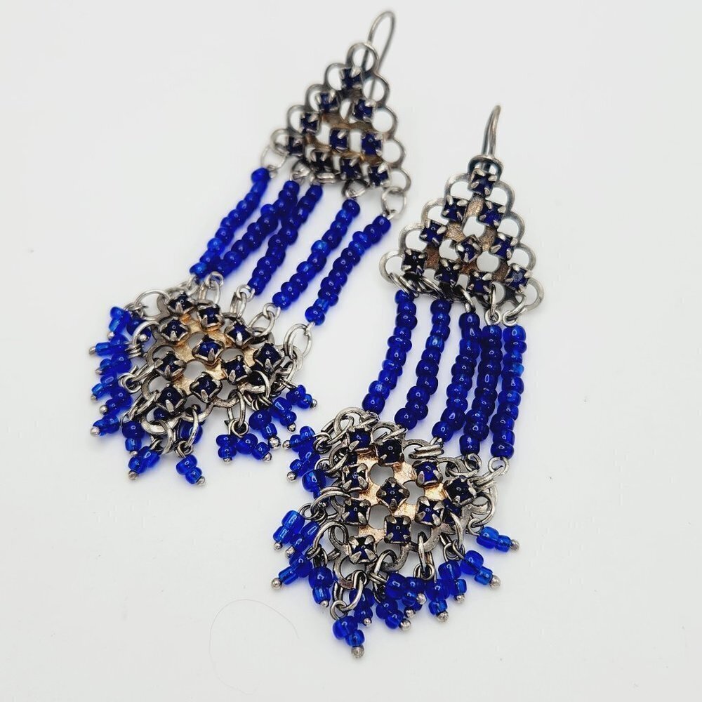 Vintage Blue Glass Oriental Seed Beaded Fringe Drop Silver Tone Hook Earrings